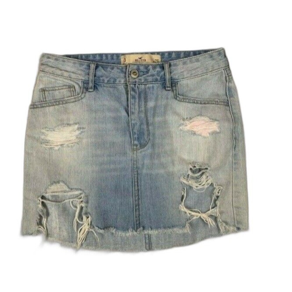 Hollister Size 3 Womens Denim Jean Skirt Rip Torn Distress High Low Hem Light